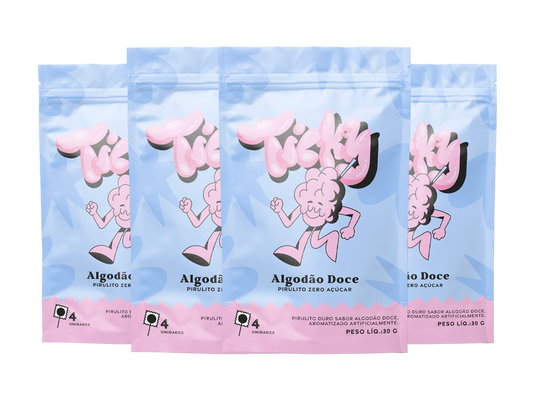 Pirulito Zero Açúcar - Sabor Algodão Doce - Pack 4 Pouches (16 Unidades)